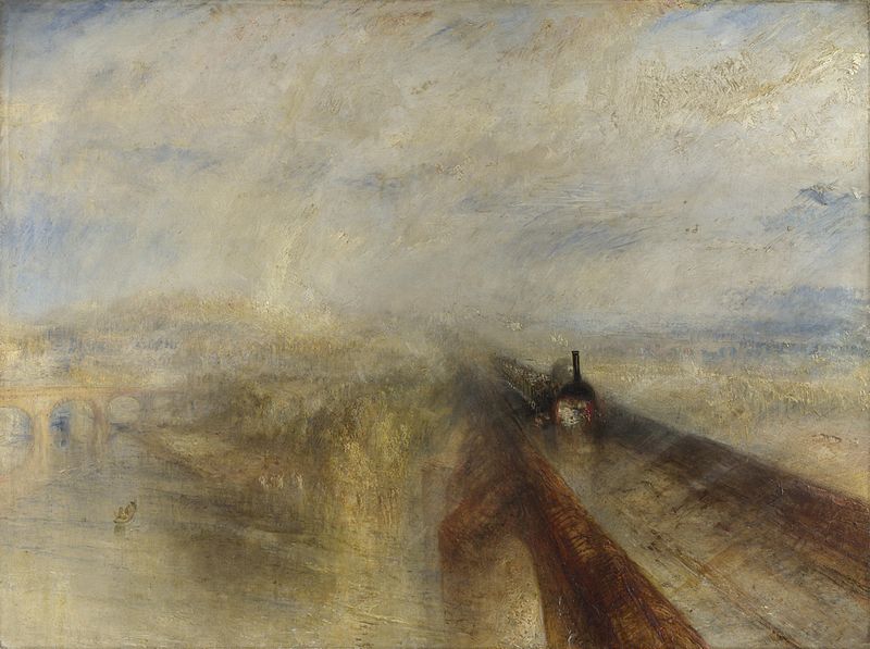 Cloudkill, J. M. W. Turner (1775–1851) Rain, Steam and Speed - The Great Western Railway; the painting depicts an early locomotive of the Great Western Railway crossing the River Thames on Brunel's recently completedMaidenhead Railway Bridge.The painting is also credited for allowing a glimpse of the Romantic strife within Turner and his contemporaries over the issue of the technological advancement during the Industrial Revolution, Date 1844
