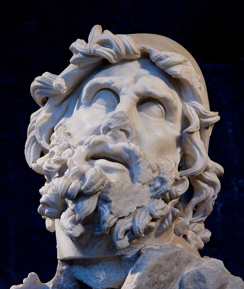 Head of Odysseus from a scuptural group representing Odysseus killing Polyphemus. Marble, Greek artwork of the 2nd century BC. From the villa of Tiberius at Sperlonga. Stored in the Museo Archeologico Nazionale in Sperlonga.