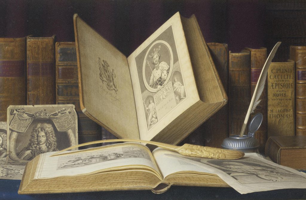 Still life with books ("In a library we are surrounded by friends) Date by 1901 Author L. Block (1848-1901), Amanuensis
