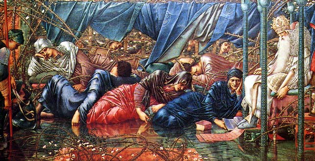 "The Council Chamber" from the "Legend of Briar Rose" by Sir Edward Burne-Jones, located at Buscot Park, Oxfordshire.1890, Sleep