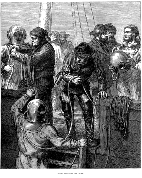 Divers Preparing for Work. Front cover illustration of the February 6, 1873 Illustrated London News. While not labelled explicitly, the Wreck of the Northfleet, a major naval disaster, occurred on the 22nd of January, and an article in a previous issue mentions divers being sent to recover the bodies and other remains. It would presumably have been obvious what they were doing to readers of the time.6 February 1873 Illustrated London News, Helm of Underwater Action