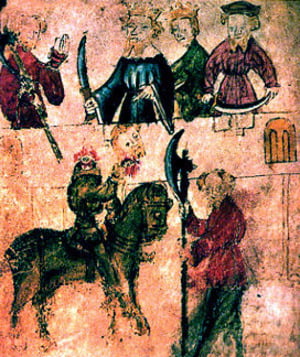 A painting from the original Gawain manuscript. The Green Knight is seated on the horse, holding up his severed head in his right hand.