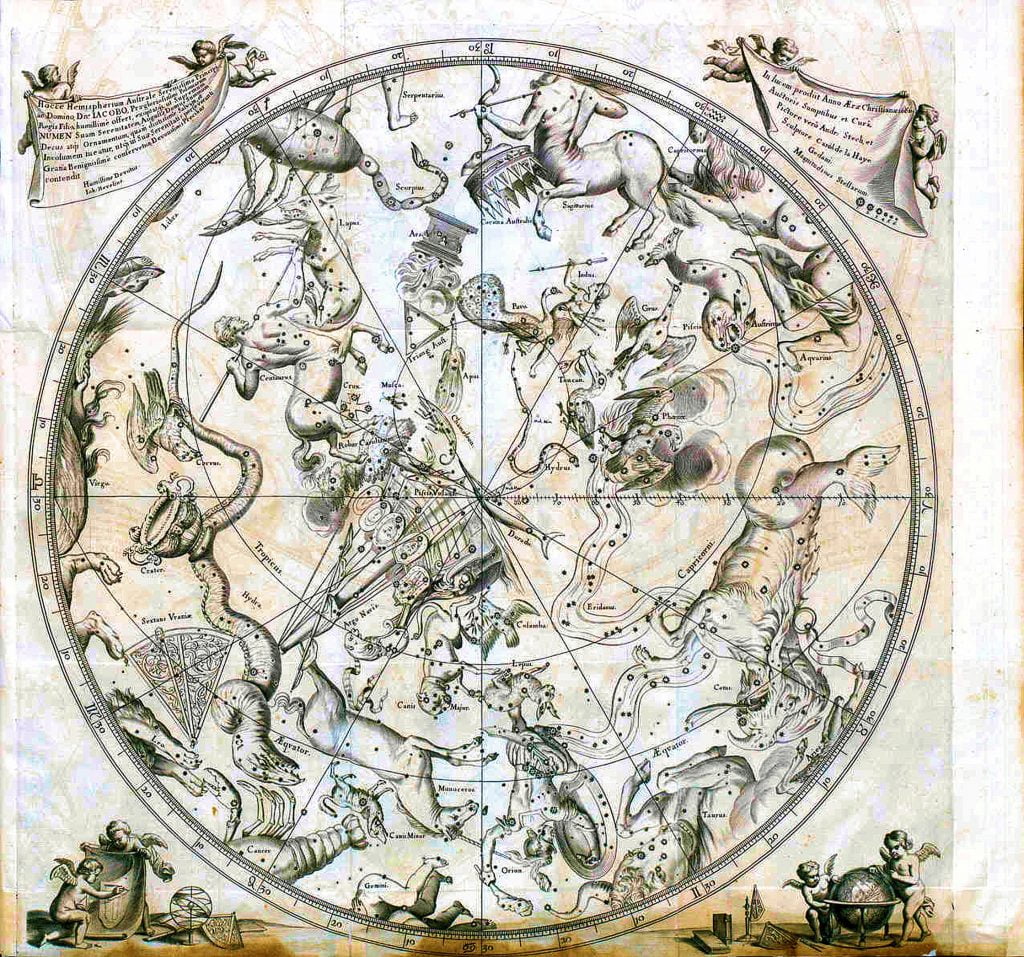 Johannes Hevelius, Prodromus Astronomia, volume III: Firmamentum Sobiescianum, sive Uranographia, table 56: Southern Hemisphere, 1690. Masters Astronomy Book