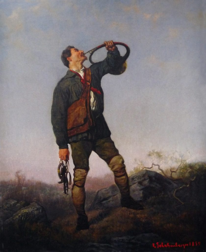 Louis Frédéric Schützenberger, Chasseur sonnant du cor ou L'Hallali, huile sur toile, Musée des beaux-arts de Strasbourg Date (1859), Horn of Blasting