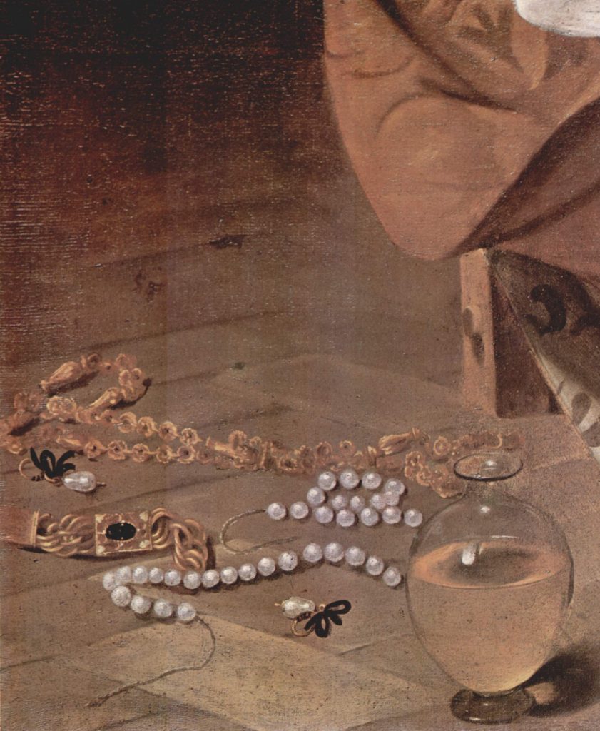 Michelangelo Merisi da Caravaggio or Caravaggio (1573-1610) Deutsch: Maria Magdalena, Detail: Perlen Date 1594-1596, Pearl of the Sirines