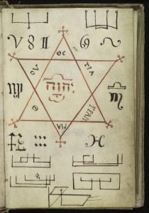 Illustration in black and red ink showing the Seal of Approbata - a six-pointed star surrounded by alchemical and magical symbols. From Cyprianus, 18th century. Cyprianus is also known as the Black Book, and is the textbook of the Black School at Wittenburg, the book from which a witch or sorceror gets his spells. The Black School at Wittenburg was purportedly a place in Germany where one went to learn the black arts. Archives & Manuscripts Keywords: Occult; Star; Talismans; Demon; Alchemy; Magic; Demonology; M L Cyprianus, Magical Books