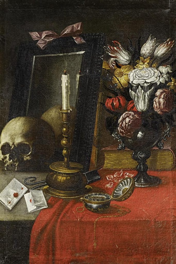 Anonym, deutsch, um 1700: Vanitasstillleben. Öl auf Leinwand. 79 x 54,5 cm. Date c. 1700, Mirror of Mental Prowess