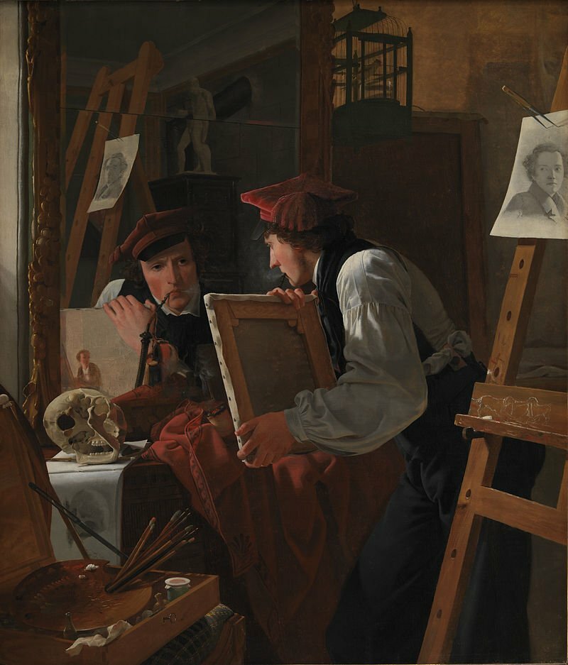 A young artist (Ditlev Blunck looking at a sketch through a mirror, painting by Wilhelm Bendz Date 1826 Source Statens Museum for Kunst Author Wilhelm Bendz, Mirror of Opposition