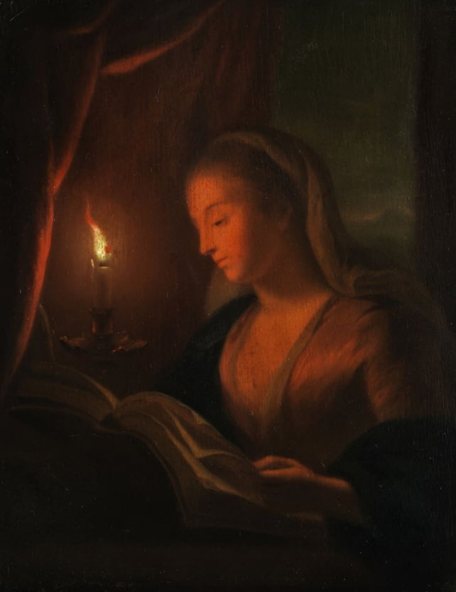 Junge Frau bei Kerzenlicht in einem Buch lesend, Öl auf Eichenholz, 27 x 21 cm Date 19th century anonymous artist in the style of Petrus van Schendel (1806-1870)