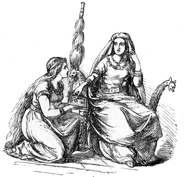 A depiction of Fulla kneeling beside her mistress, Frigg, (1865) by Ludwig Pietsch. Fulla