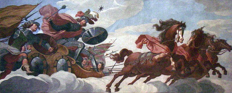 Ceiling decoration depicting w:Albrecht von Wallenstein as Mars, the god of war, riding the sky in a chariot pulled by four horses (a quadriga). Artist::Baccio del Bianco.