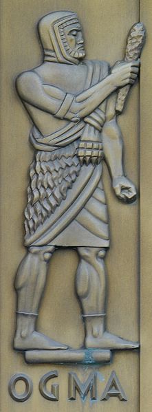 Ogma, sculpted bronze figure by Lee Lawrie. Door detail, east entrance, Library of Congress John Adams Building, Washington, D.C. Oghma