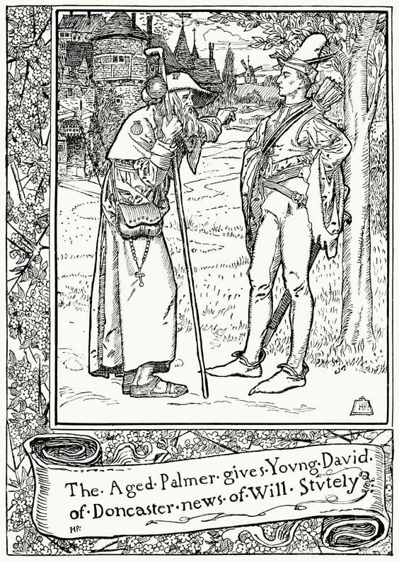 English: The Aged Palmer gives Young David of Doncaster news of Will Stvtely (Stutely) Date1911 "The Merry Adventures of Robin Hood of Great Renown, in Nottinghamshire". New York: Charles Scribner's Sons, 1911, page 39, David of Doncaster