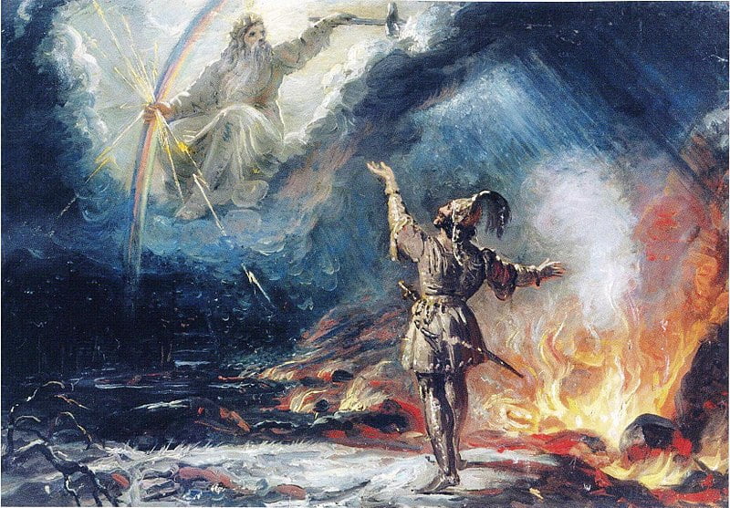 Painting by Robert Ekman in 1867 called Lemminkäinen tulisella järvellä where Lemminkäinen asks help from Ukko ylijumala with crossing the lake in fire on his route to Pohjolan häät. Ukko