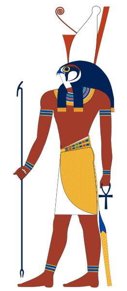 Horus, an ancient Egyptian falcon headed-deity. Horus was usually depicted wearing the double crown of kingship, but also appeared in a fully falcon form, among others. Ra, another falcon-headed deity, is distinguished by the presence of the sun disk on his head, but the ancient Egyptians often combined Re and Horus into the composite deity known as Re-Horakhty. Based on New Kingdom tomb paintings.19:46, 26 December 2007 (UTC) Jeff Dahl