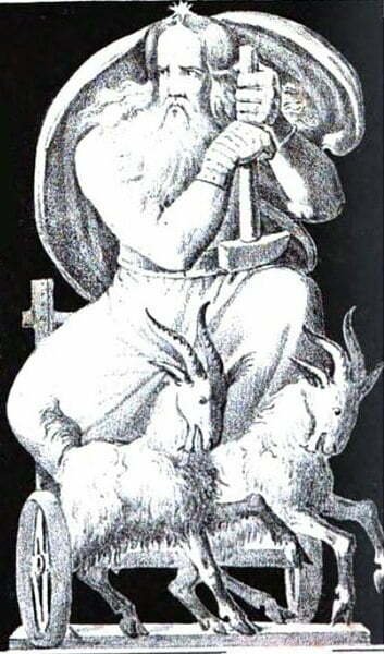 The goats Tanngrisnir and Tanngnjóstr pull the god Thor's chariot in an illustration from 1832.