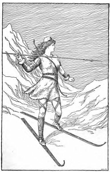 Captioned as "Skadi Hunting in the Mountains".  DatePublished in 1901 Source	Foster, Mary H. 1901. Asgard Stories: Tales from Norse Mythology. Silver, Burdett and Company. Page 79. Author	Signed "H. L. M."
