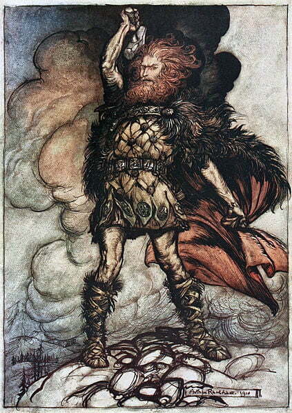 "To my hammer's swing / Hitherward sweep / Vapours and fogs! / Hovering mists! / Donner, your lord, summons his hosts!"Date 1910 Rackham, Arthur (illus) (1910)