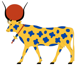 Hathor in the form of a divine cow. Around the neck is a hathor-emblem and a sun disk rests between the horns.