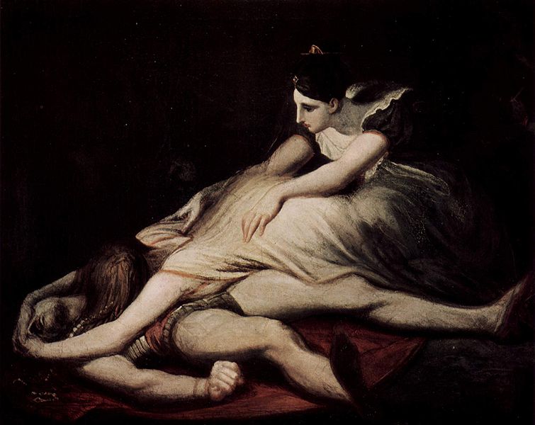 Henry Fuseli (1741–1825) Title: Kriemhild wirft sich auf den toten Siegfried Date 1817, Gudrun