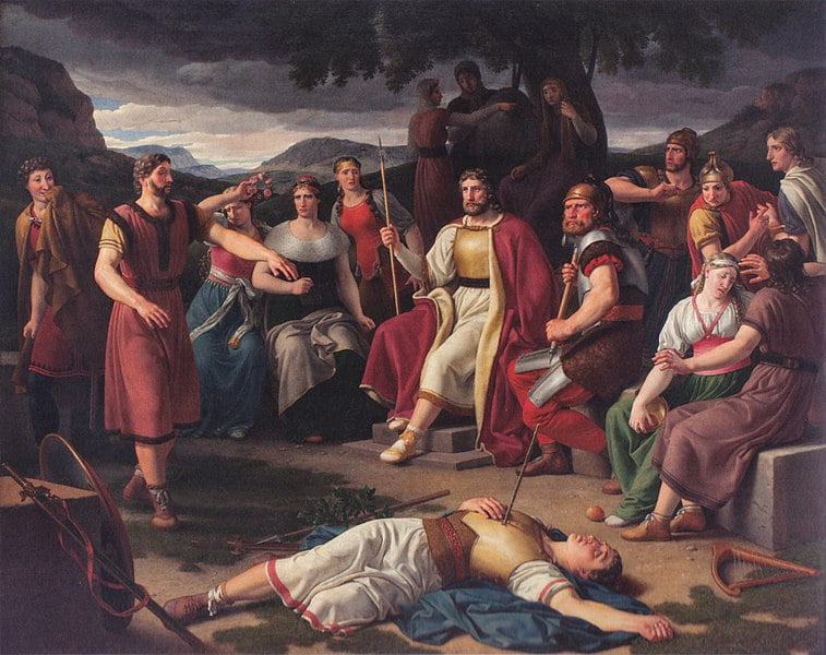 Baldr is lying in the foreground. He has just been hit by Höd's missile. Baldr's blind brother is standing on the left, stretching his arms out. On the very left, Loki tries to conceal his smile. Odin is sitting in the middle of the Æsir. Thor is on his left. Yggadrasil and the three Norns can be seen in the background.