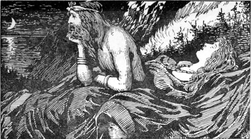 The god Njörðr is awake while his wife Skaði is asleep. They are up in the mountains. Njörðr is staring wistfully at the sea. The list of illustrations in the front matter of the book gives this one the title Njörd's desire of the Sea. Published in 1908 W.G. Collingwood (1854 - 1932), Njord