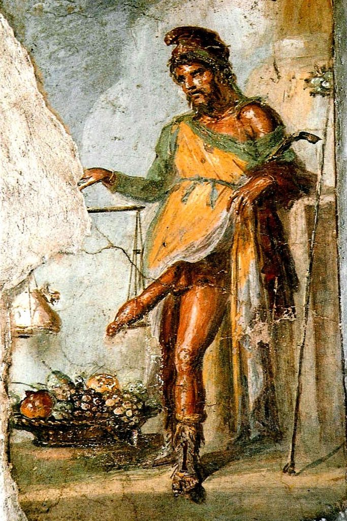 Fresco of Priapus, Casa dei Vettii, Pompeii. Depicted weighing his enormous erect penis against a bag of gold. False Penis