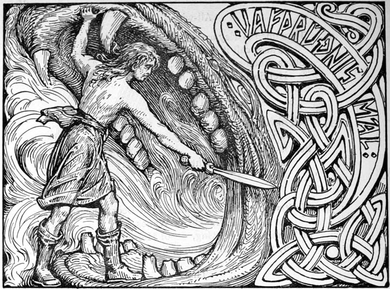 The god Víðarr stands in the jaws of Fenrir and swings his sword. The list of illustrations in the front matter of the book gives this one the title Vidar (motive from the Gosforth Cross). The Elder or Poetic Edda; commonly known as Sæmund's Edda. Edited and translated with introduction and notes by Olive Bray. Illustrated by W.G. Collingwood (1908) Page 38, Vidar