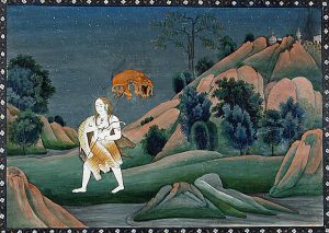 Shiva Carrying Sati on His Trident, circa 1800, India, Himachal Pradesh, Kangra, South Asia from the Los Angeles County Museum of Art, Painting; Watercolor, Opaque watercolor and gold on paper, 29.21 x 40.64 cm Date ca. 1800