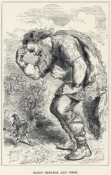 "[The] Giant Skrymir and Thor, by Louis Huard 1900 (this version - editions exist at least back as far as 1891 or earlier) The Heroes of Asgard: Tales from Scandinavian Mythology by A & E Keary. MacMillan & Co, London Louis Huard (1813-1874)