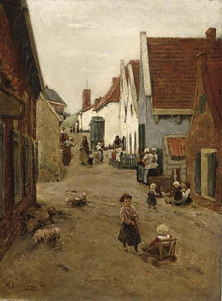 Max Liebermann painting of a compact Dutch village road with houses and residents