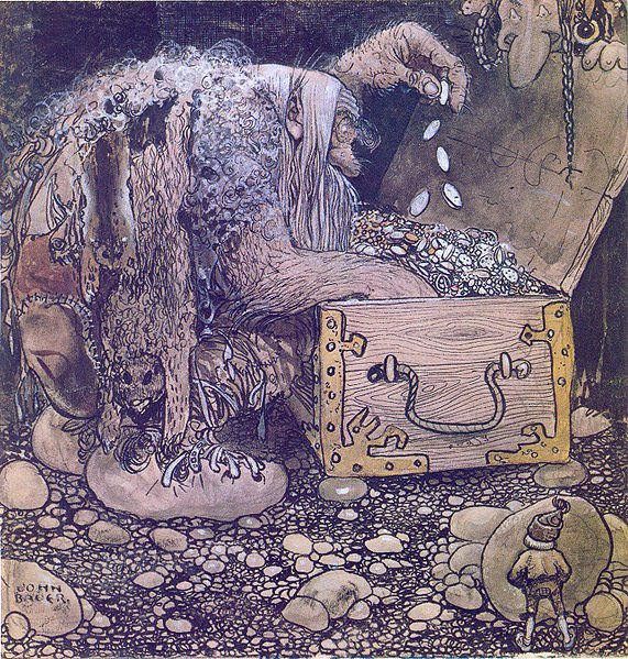 Two trolls examining an open treasure chest in an illustration by John Bauer