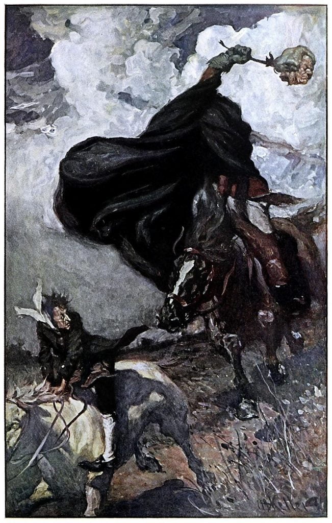 He saw the goblin rising in his stirrups, and in the very act of hurling his head at him. Arthur Ignatius Keller, from The legend of Sleepy Hollow, by Washington Irving, Indianapolis, 1906. Headless Horseman