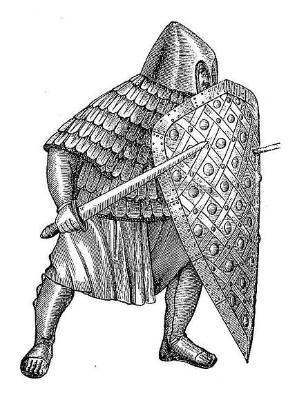 Scale Mail, Carolingian foot soldier (7th - 9th century) with armour and shield.