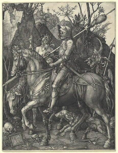  Albrecht Dürer (1471–1528) Blue pencil.svg wikidata:Q5580 s:en:Author:Albrecht Dürer q:en:Albrecht Dürer Title Knight, Death and Devil Date 1513