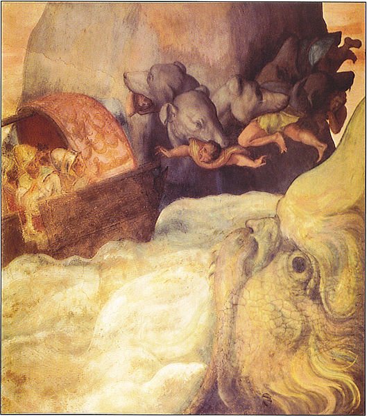 This is a painting of Odysseus's boat passing between the six-headed monster Scylia and the whirlpool Charybdis. Scylla has plucked six of Odysseus's men from the boat. The painting is an Italian fresco dating to 1560 C.E. Scylla