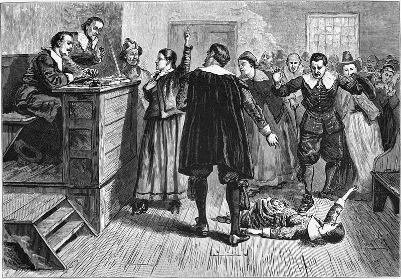 Witchcraft at Salem Village. Engraving. The central figure in this 1876 illustration of the courtroom is usually identified as Mary Walcott. Witchcraft, Criminal Casting