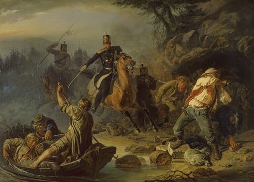 A skirmish with smugglers from Finland at the Russian border, 1853, by Vasily Hudyakov (1826-1871).