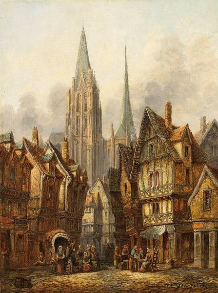 Pieter Cornelis Dommersen (1834-after 1912) A gothic cathedral in a medieval city, Sample, Capital City