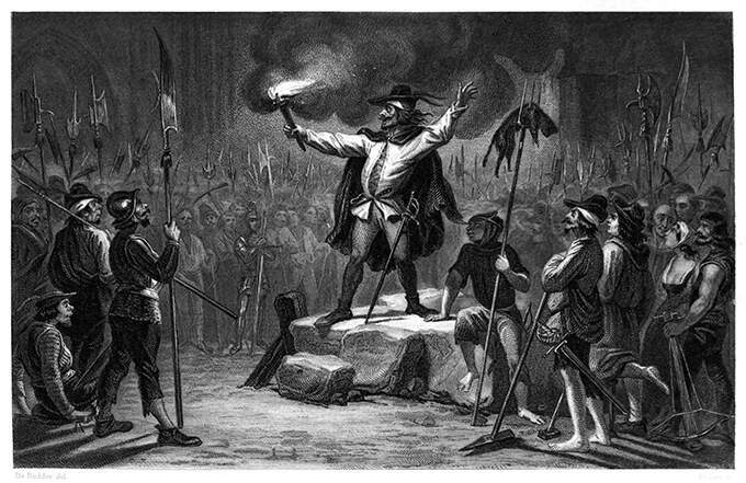 A man holding a torch stands on a platform from which he harangues a crowd of vagabonds armed with halberds. The caption reads in the original French: Attaque de Notre-Dame par les truands.