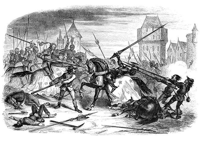   The death of Clopin Trouillefou. Illustration by L.H. de Rudder, from Notre-Dame de Paris (The Hunchback of Notre-Dame), by Victor Hugo, Paris, 1844. 