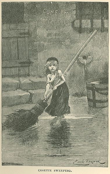 Young Cosette sweeping: 1886 engraving for Victor Hugo's Les Miserables. French illustrator Émile Bayard drew the sketch of Cosette for the first edition, and this engraving was prepared for an 1886 edition. Cosette