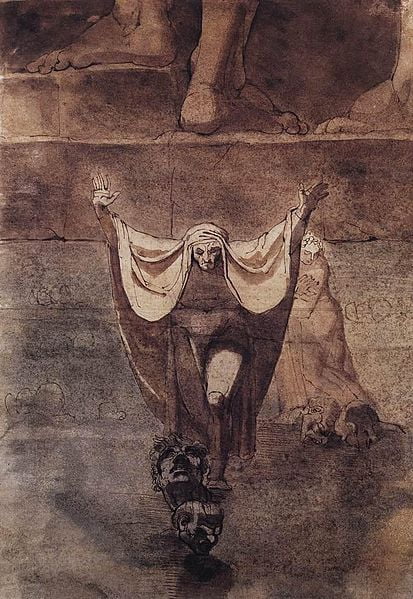Henry Fuseli (1741-1825) Title: Dante and Virgil on the Ice of  Kocythos Date 1774 Medium Pen and sepia, watercolour, Cultist