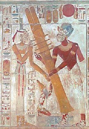 Abydos, A scene on the west wall of the Osiris Hall that is situated beyond the seven chapels and entered via the Osiris Chapel. It shows the raising of the Djed pillar.
