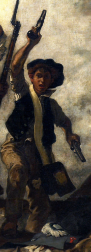 A closeup of the young boy in the painting waving pistols alongside Liberty. Gavroche Thénardier