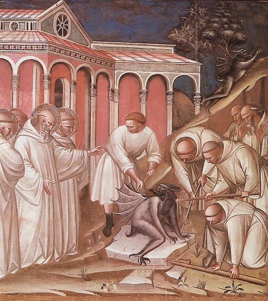 Saint Benedict Stories by Spinello Aretino (b. ca. 1345, Arezzo, d. 1410, Arezzo) Stories from the Legend of St Benedict 1387 Fresco S. Miniato al Monte, Florence The scene represents the Exorcism of St Benedict. 