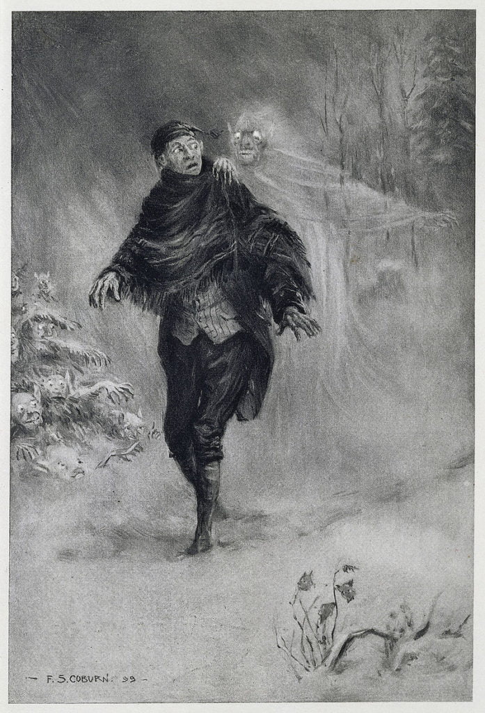 What fearful shapes and shadows beset his path amidst the dim and ghastly glare of a snowy night! by Frederick Simpson Coburn (1899). Ichabod Crane walks home after an evening listening to ghost stories.
