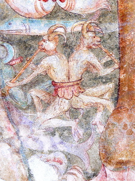 Pfarrkirche St.Ägidius in Mitterolang. Christopherus-Fresco: Flöten spielende Fabelwesen, Demonic Ravages