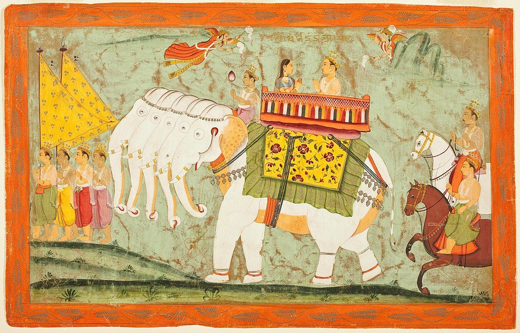 Indra (alias Sakra) and Sachi Riding the five-headed Divine Elephant Airavata, Folio from a Jain text, Panchakalyanaka (Five Auspicious Events in the Life of Jina Rishabhanatha [Adinatha]), circa 1670-1680, Painting in LACMA museum, originally from Amber, Rajasthan