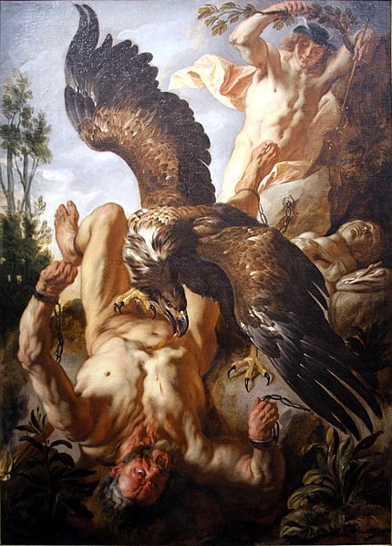 Prometheus having his liver eaten out by an eagle. Painting by Jacob Jordaens, c. 1640, Wallraf-Richartz-Museum, Cologne, Germany.